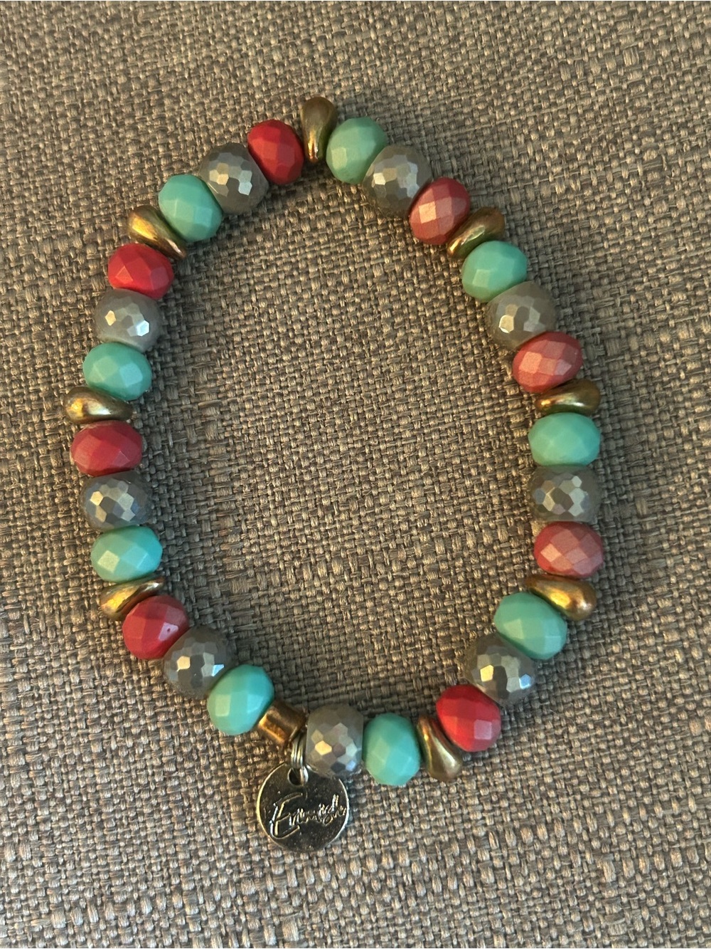 Fossil Turquoise, Red & Gray Faceted Bead Bracelet with Gold Accents